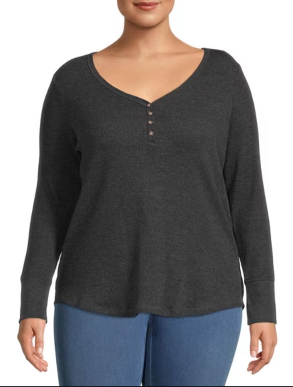 Terra & Sky Women's 3X Gray Henley Top Long Sleeve V Neck Plus Size Thermal
